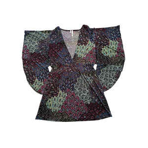 Studio Y Peacock Paisley Multicolor Tunic Top Womens Small V-Neck Kimono Sleeves